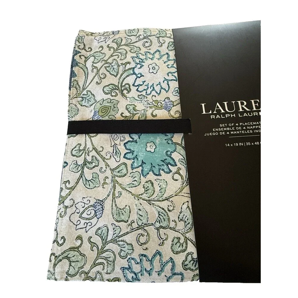 Ralph Lauren Home Blue Floral Placemats 100% Cotton 19x14 Set of 4 Machine Wash